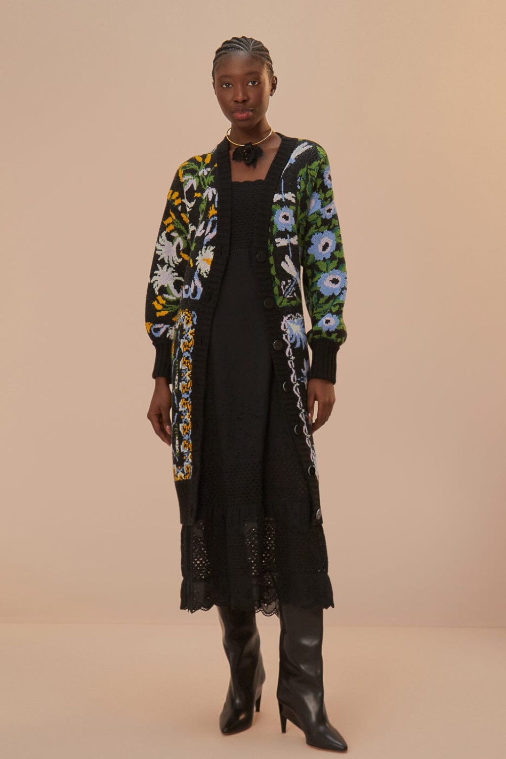 Black Winter Garden Knit Midi Cardigan Farm Rio