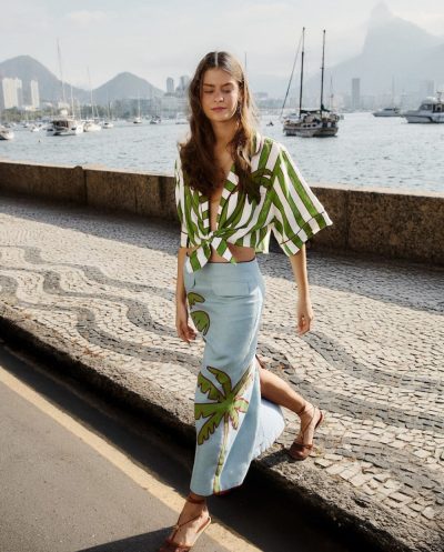 BLUE EMBROIDERED PALM TREE EUROFLAX™ PREMIUM LINEN MAXI SKIRT