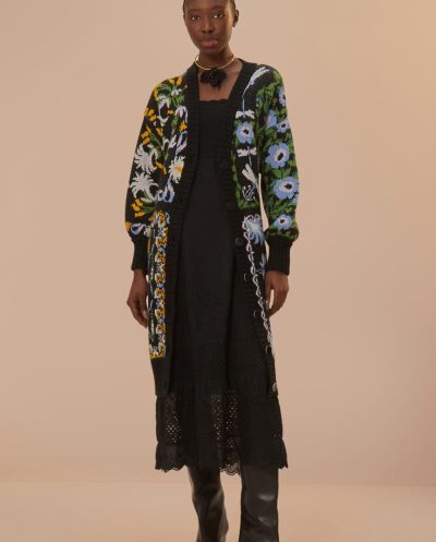 Black Winter Garden Knit Midi Cardigan Farm Rio